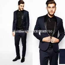 Custom Made Smoking Azul Escuro Inspirado Por Terno Usado Em James Bond Terno Do Casamento Para Os Homens Noivo Calças Casaco Arco preto