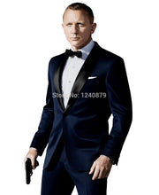 Custom Made Smoking Azul Escuro Inspirado Por Terno Usado Em James Bond Terno Do Casamento Para Os Homens Noivo Calças Casaco Arco preto