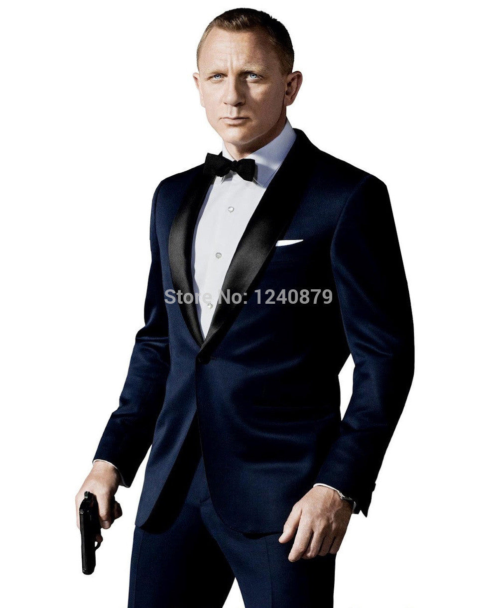 Custom Made Smoking Azul Escuro Inspirado Por Terno Usado Em James Bond Terno Do Casamento Para Os Homens Noivo Calças Casaco Arco preto
